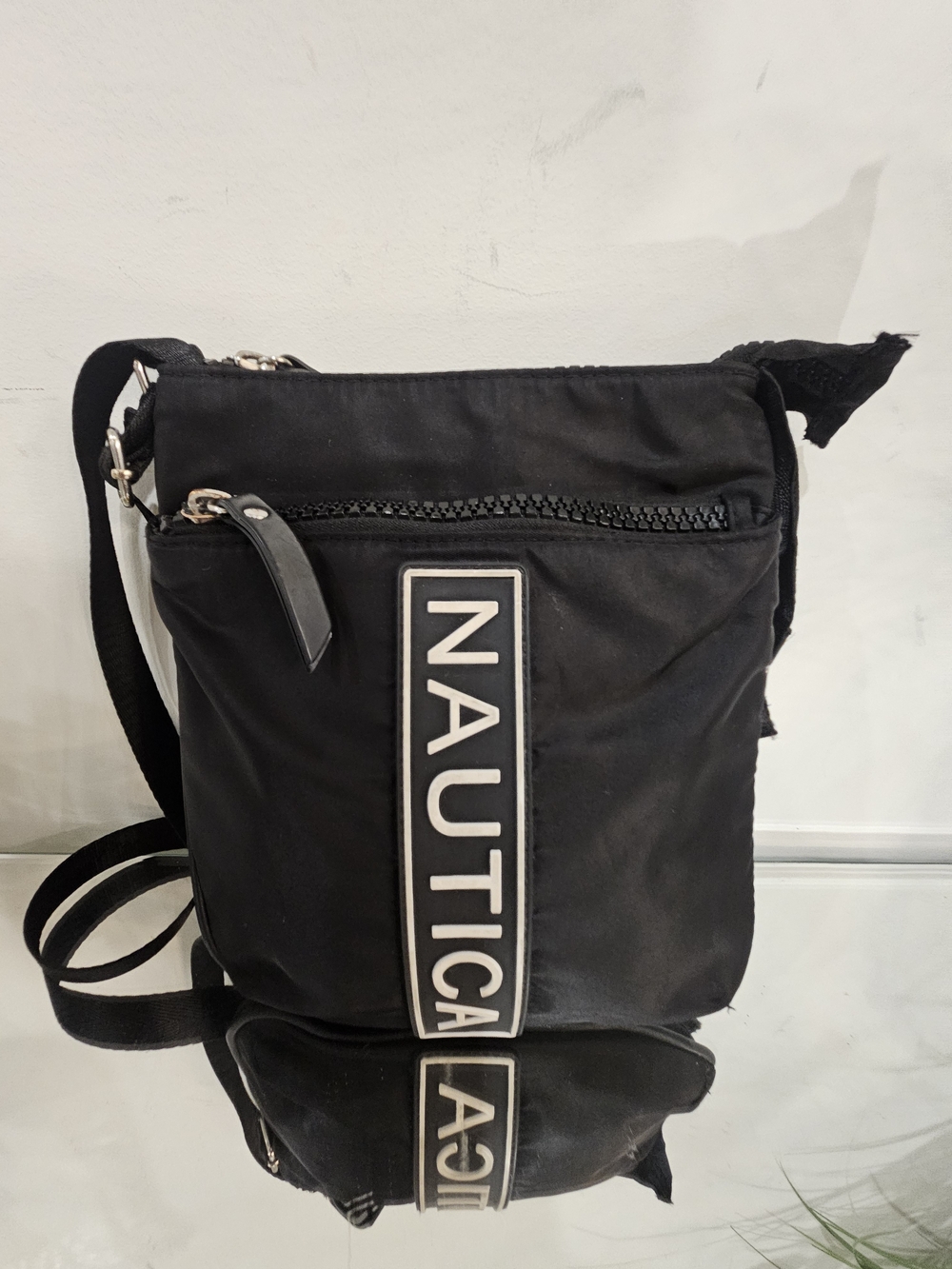 Nautica Black Nylon Crossbody with Vertical Logo Stripe